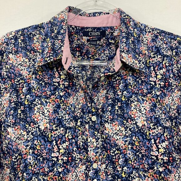 Chaps size 1X Navy Ditsy Floral No Iron 3/4 Sleeve Button Down Preppy Office - Picture 3 of 11